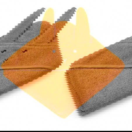 Grande cape de bain éponge avec tête de lapin moutarde et coton bio Grande cape de bain éponge avec tête de lapin moutarde et coton bio