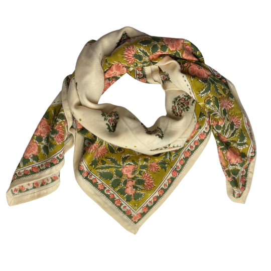 Foulard Grand Format Léger – Couleur écru Fleuri – 100% Viscose – Neuf Sans étiquette