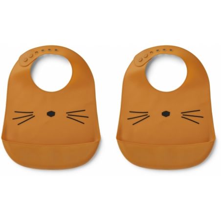Lot de 2 bavoirs silicone chat moutarde Lot de 2 bavoirs silicone chat moutarde