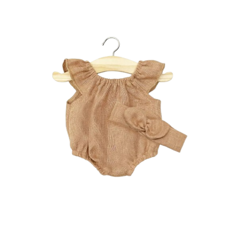 Barboteuse Clara et son headband en lin lavé noisette - Minikane