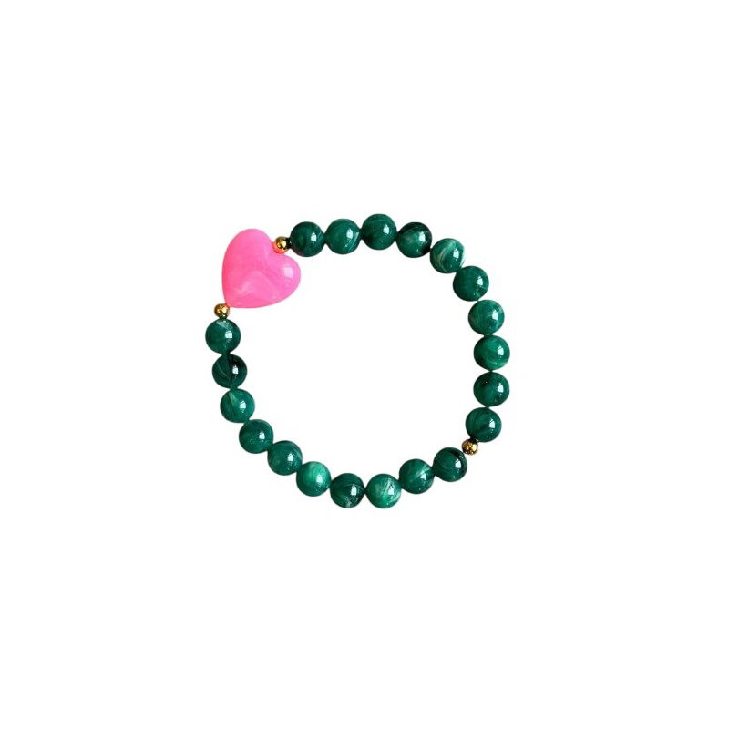 Bracelet perles vertes - Coeur rose