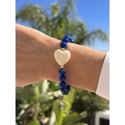 Bracelet perles bleues - Coeur écru