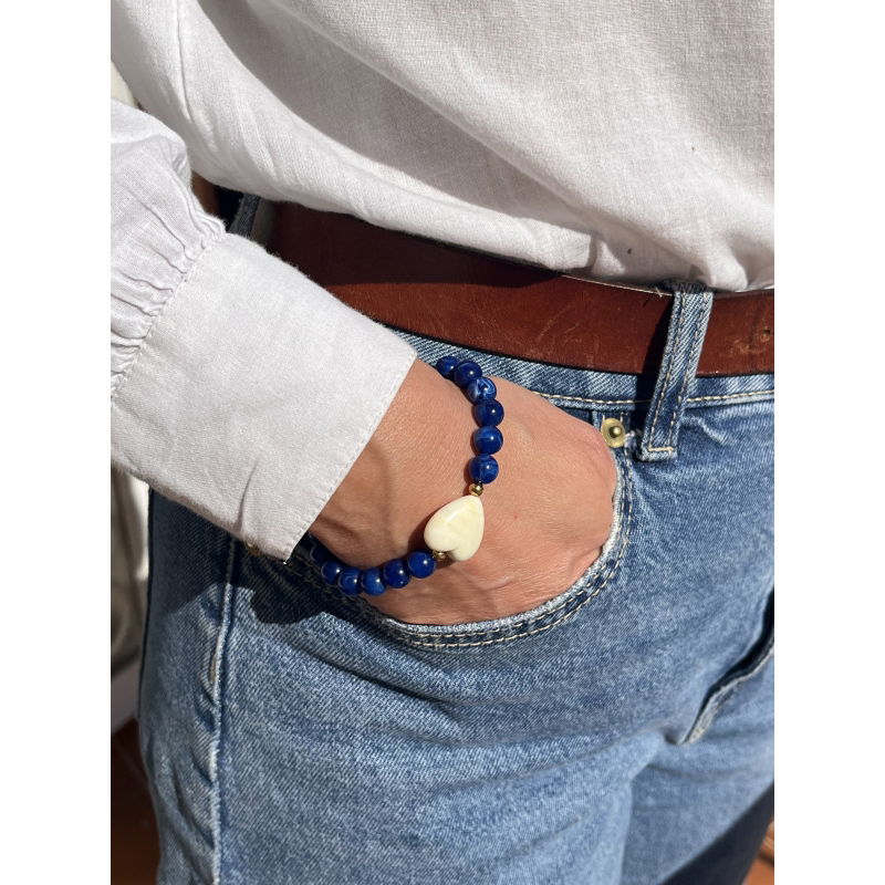 Bracelet perles bleues - Coeur écru