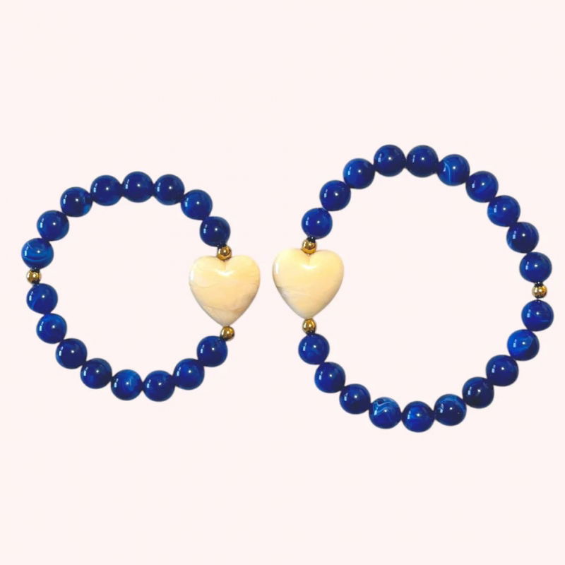 Bracelet enfant perles bleues - Coeur écru