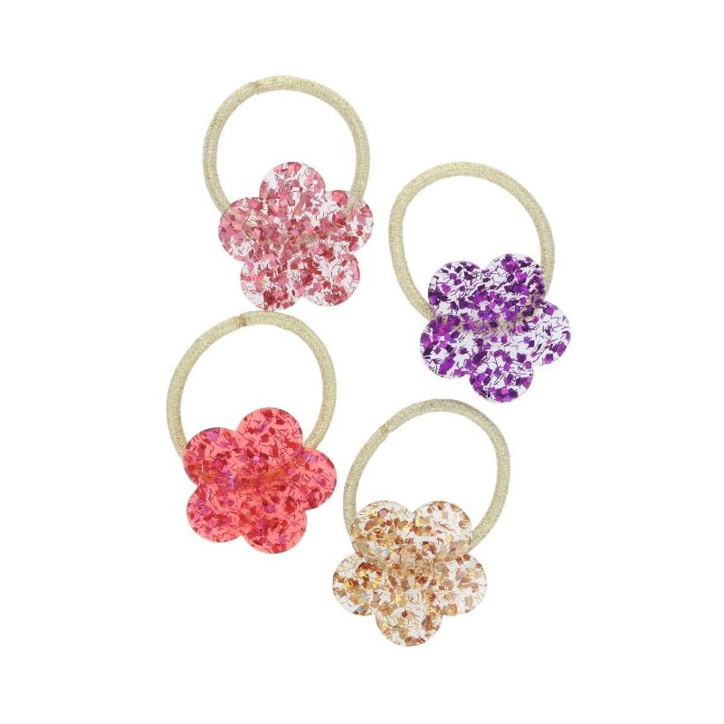 Lot de 4 élastiques cheveux dorés et fleurs pailletées