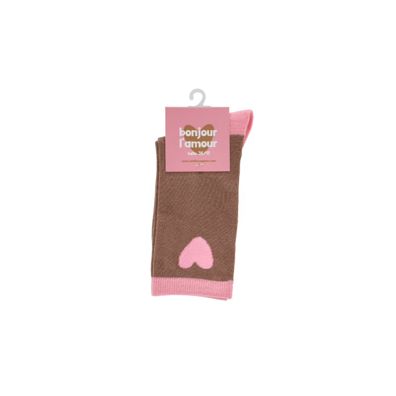 Chaussettes adulte marron | Coeur rose