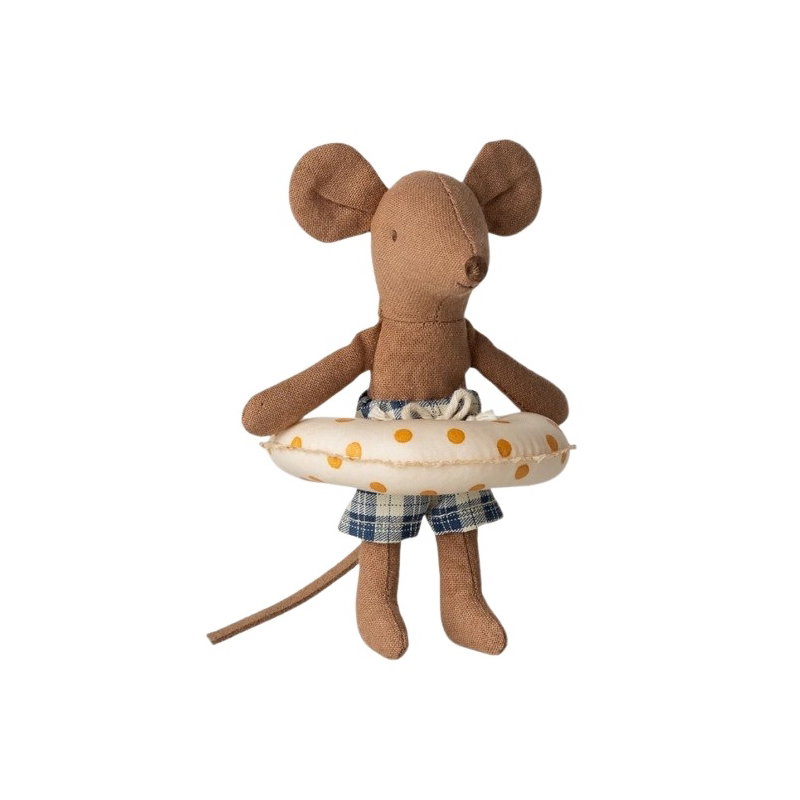 Petit frère souris avec bouée à pois jaunes