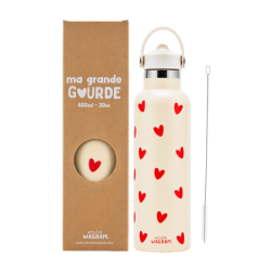 Gourde 600 ml | Ecru coeurs rouges