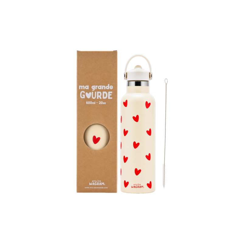 Gourde 600 ml | Ecru coeurs rouges