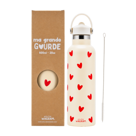 Gourde 600 ml | Ecru coeurs rouges - Atelier wagram