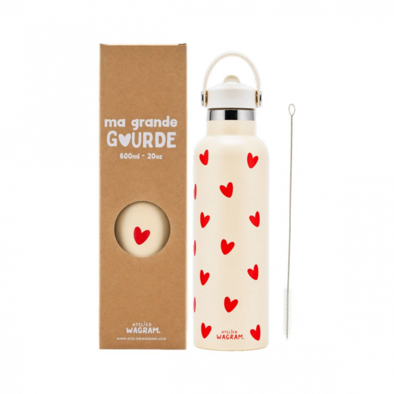 Gourde 600 ml | Ecru coeurs rouges