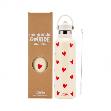 Gourde 600 ml | Ecru coeurs rouges - Atelier wagram