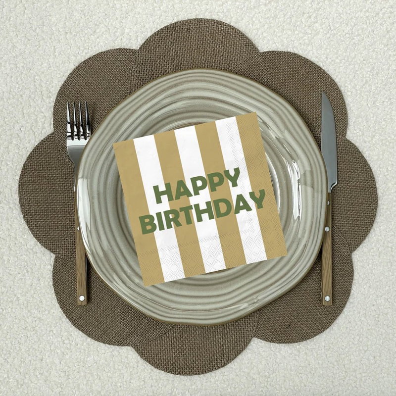 Serviette papier | Happy birthday rayure beige