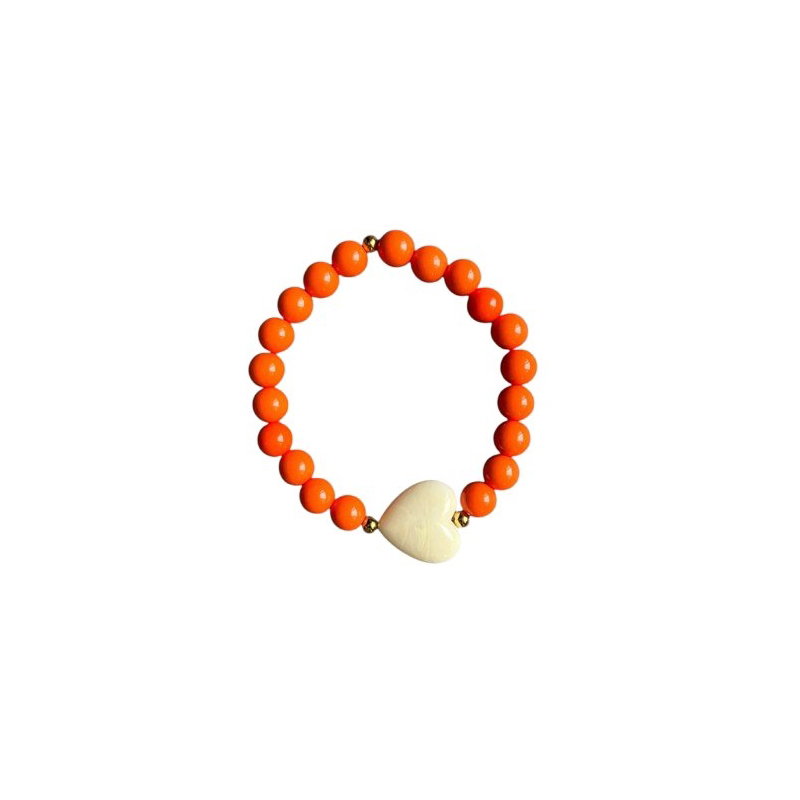 Bracelet perles oranges - Coeur crème
