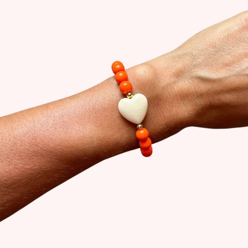 Bracelet enfant perles oranges - Coeur écru