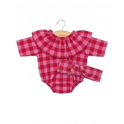 Barboteuse à collerette Colette en flanelle Vichy cerise et son headband - Minikane