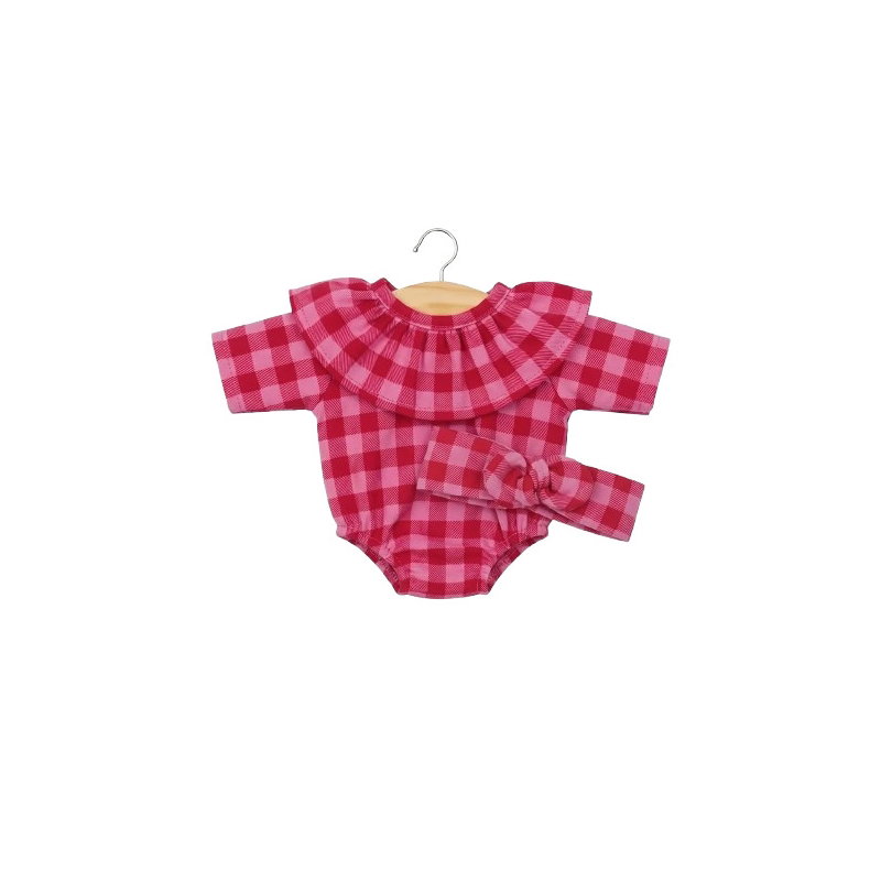 Barboteuse à collerette Colette en flanelle Vichy cerise et son headband