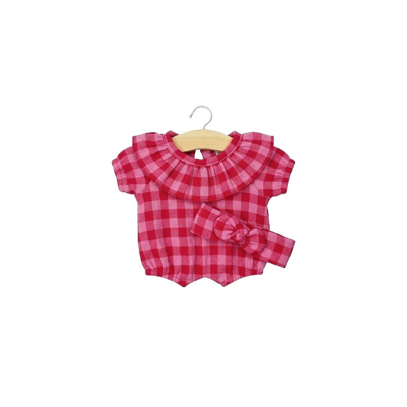 Babies - Barboteuse à collerette Eva et son headband en flanelle vichy cerise