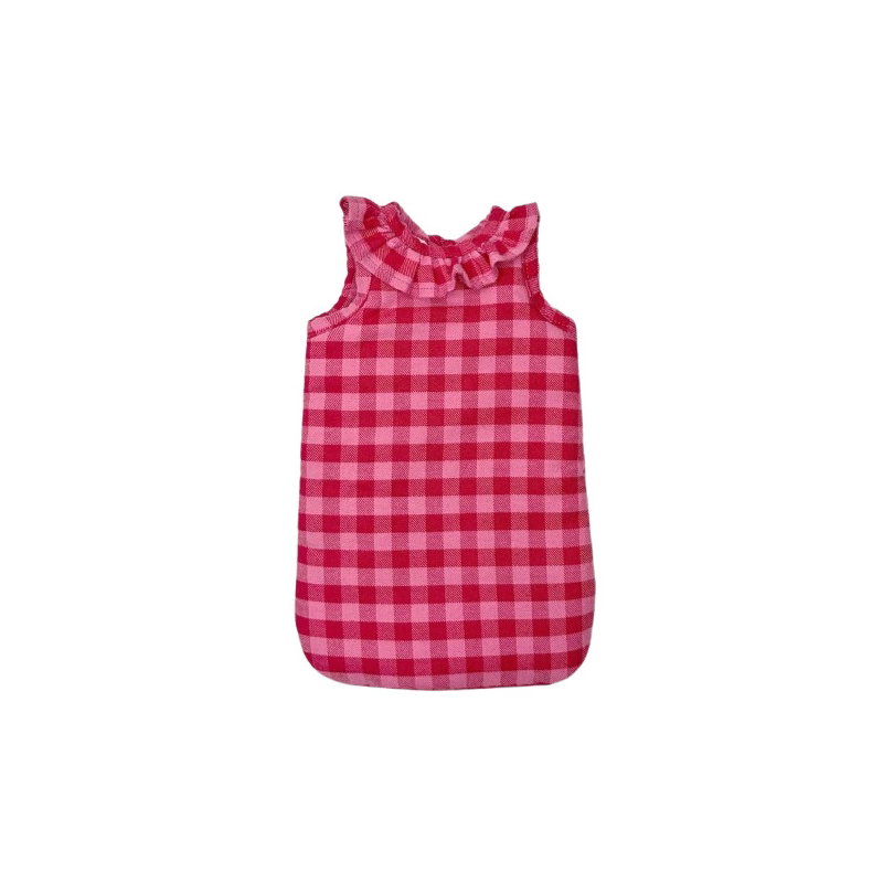 Turbulette poupée à collerette en flanelle Vichy cerise