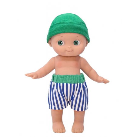Mini Panchas | Zébulon à la plage et sa tenue rayée bleu - Paola Reina