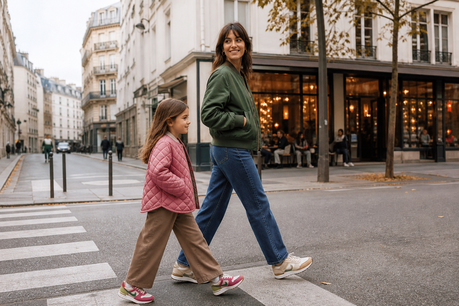 duo adulte enfant en looks de rentrée dans une rue parisienne